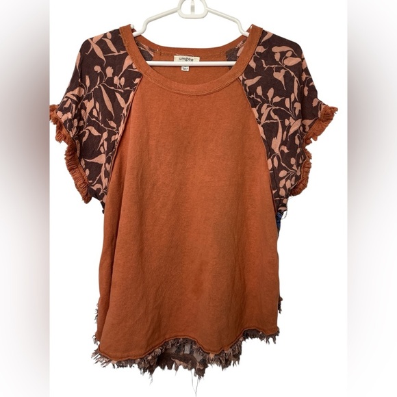Umgee Tops - Umgee Terracotta Boho Patchwork Tee Flutter Sleeve Raw Edge Medium